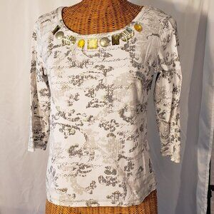 Ladies RUBY RD 3/4 Sleeve Embellished Neckline Top in White/Gray - S